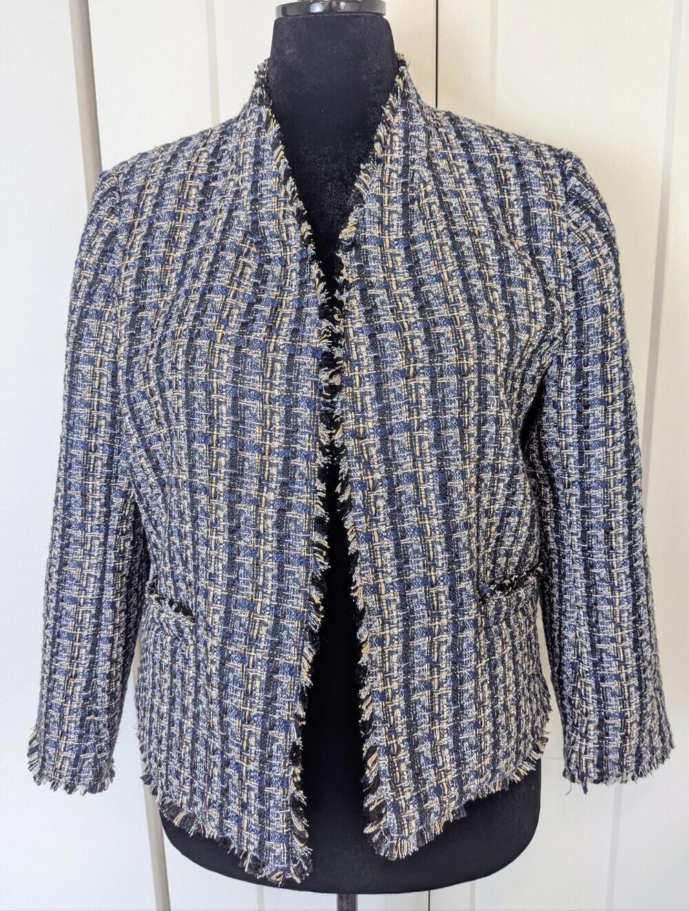 Ann Taylor Women's Fringe Open Front Tweed Cardigan Jacket Blazer size 10 EUC